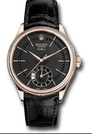 Replica Rolex Cellini Dual Time Watch 50525 Everose Gold Black Dial Black Leather Strap